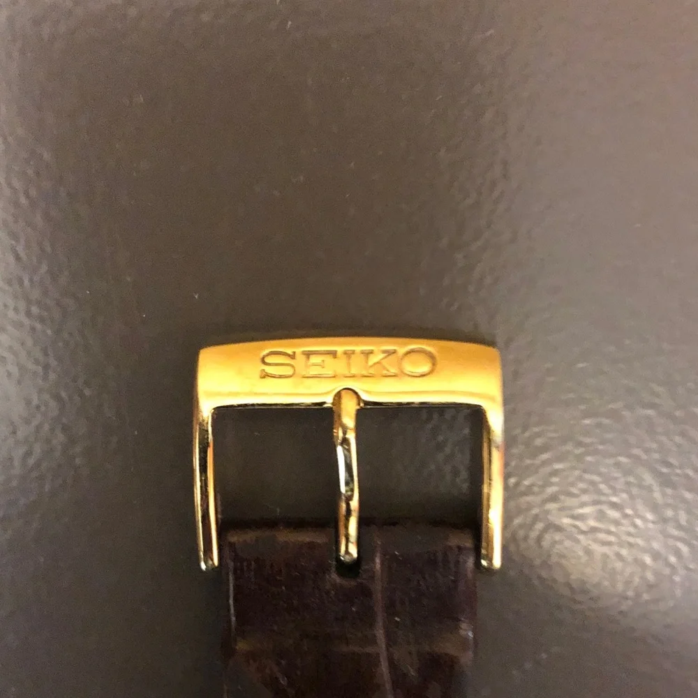 Mens Seiko Gold-Tone Rectangular Solar Watch with Brown Strap - Picture 3 of 8